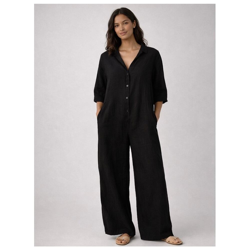 Velvet by Graham & Spencer Black Linen Wide Leg Jumpsuit NWT Medium